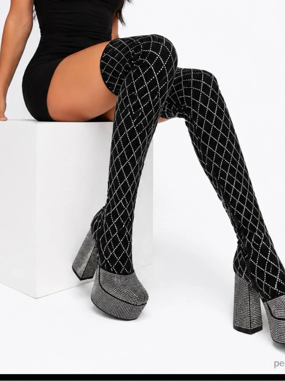Gorgeous Black Crystal-Studded Over-the-Knee Platform Boots